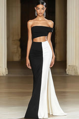 Black White Satin Mermaid Off the Shoulder Long Formal Dress