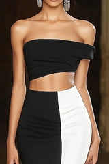 Black White Satin Mermaid Off the Shoulder Long Formal Dress