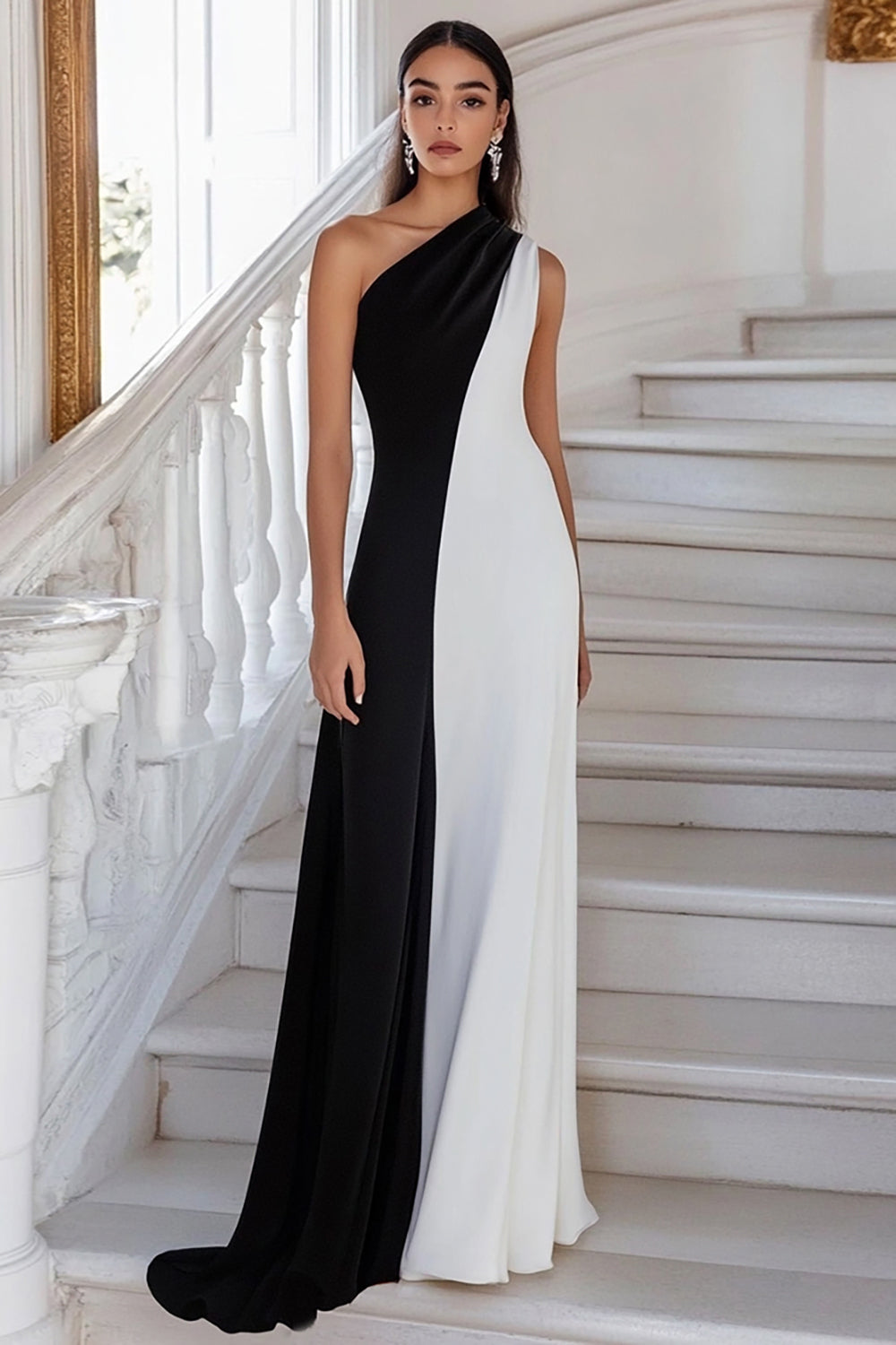 Black White One Shoulder Long Sheath Formal Dress