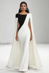 Black White Sheath Long Boat Neck Formal Dress with Cape