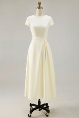 Daffodil A Line Satin Bateau Neck Midi Work Dress with Sleeves