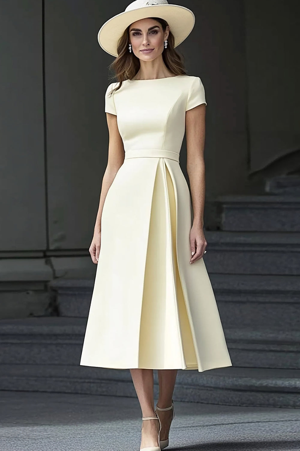Daffodil A Line Satin Bateau Neck Midi Work Dress with Sleeves