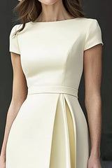 Daffodil A Line Satin Bateau Neck Midi Work Dress with Sleeves