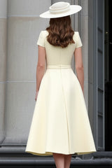 Daffodil Satin Bateau Neck A Line Midi Work Dress with Sleeves