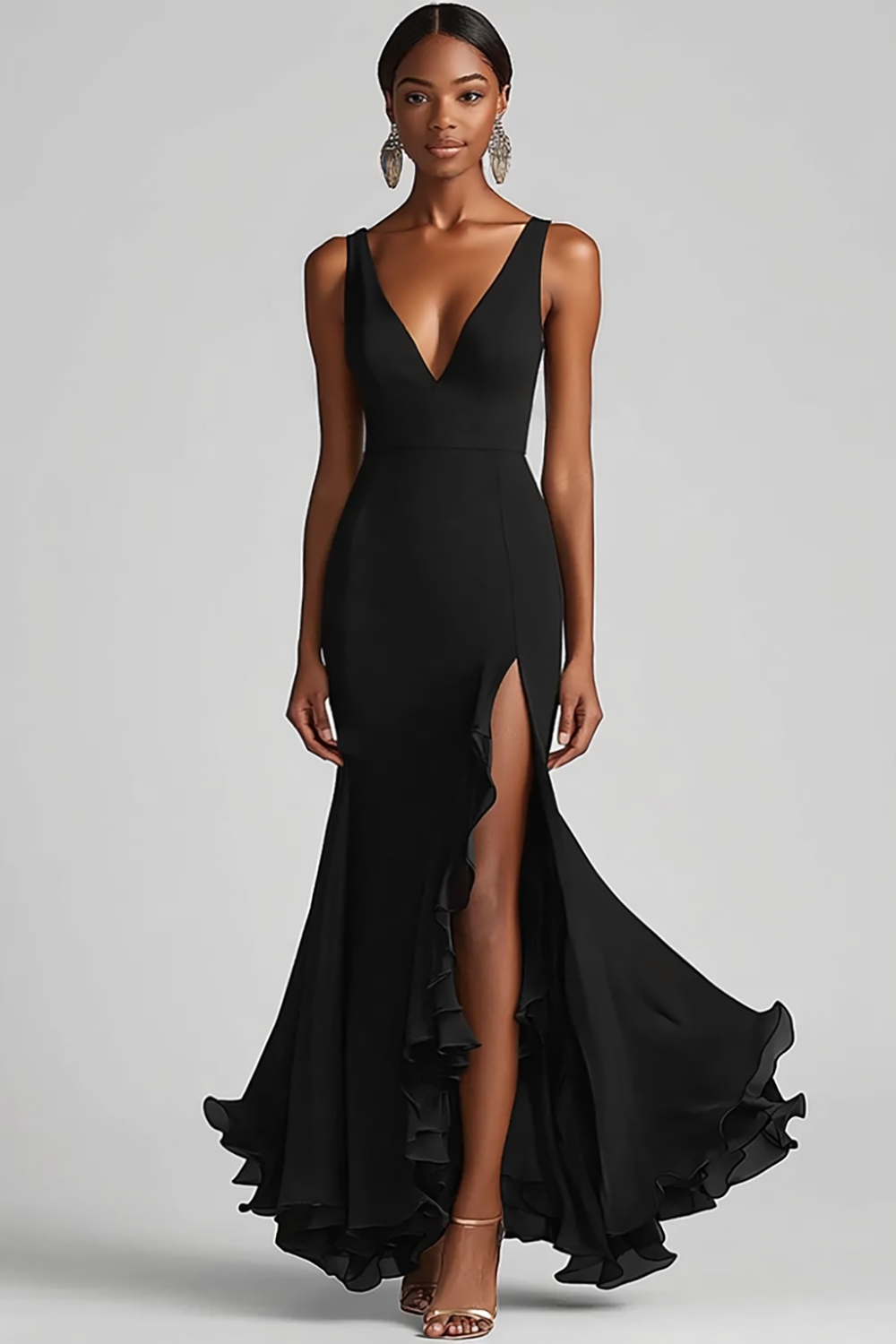 Black Mermaid Chiffon V Neck Long Formal Dress with Slit