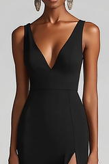 Black Mermaid Chiffon V Neck Long Formal Dress with Slit