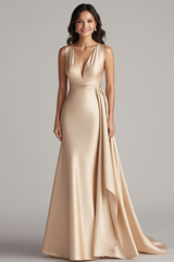 Peacock Deep V-Neck Mermaid Long Satin Formal Dress