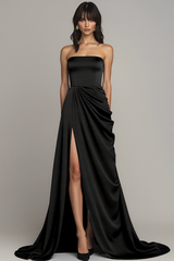 Black Strapless A Line Satin Long Formal Dress with Slit