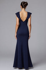 Elegant Navy Boat Neck Satin Long Formal Dress with Ruffles
