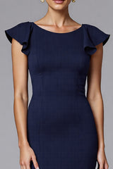 Elegant Navy Boat Neck Satin Long Formal Dress with Ruffles