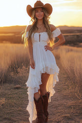 White A Line Off the Shoulder Asymmetrical Western Wedding Dress with Ruffles