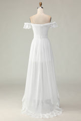 White A Line Off the Shoulder Asymmetrical Western Wedding Dress with Ruffles