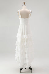 Ivory Plus Size A Line Ruffled V-Neck High-Low Tiered Western Wedding Dress