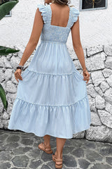 Blaues Gestreiftes Midi Sommerkleid mit quadratischem Ausschnitt
