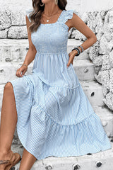 Blaues Gestreiftes Midi Sommerkleid mit quadratischem Ausschnitt