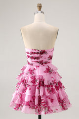 Pink Flower A Line Tiered Ruffled Short Homecoming Dress with Bow
