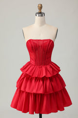 Sparkly Red Corset Strapless Bow Short Homecoming Dress with Ruffles