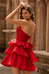 Sparkly Red Corset Strapless Bow Short Homecoming Dress with Ruffles