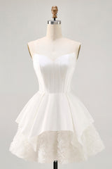 White Corset Strapless Tiered Short Homecoming Dress with Ruffles