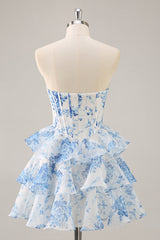 White Blue Corset Tiered A Line Short Floral Homecoming Dress with Ruffles