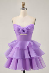 Purple Floral Strapless Short Tiered Homecoming Dress with Ruffles