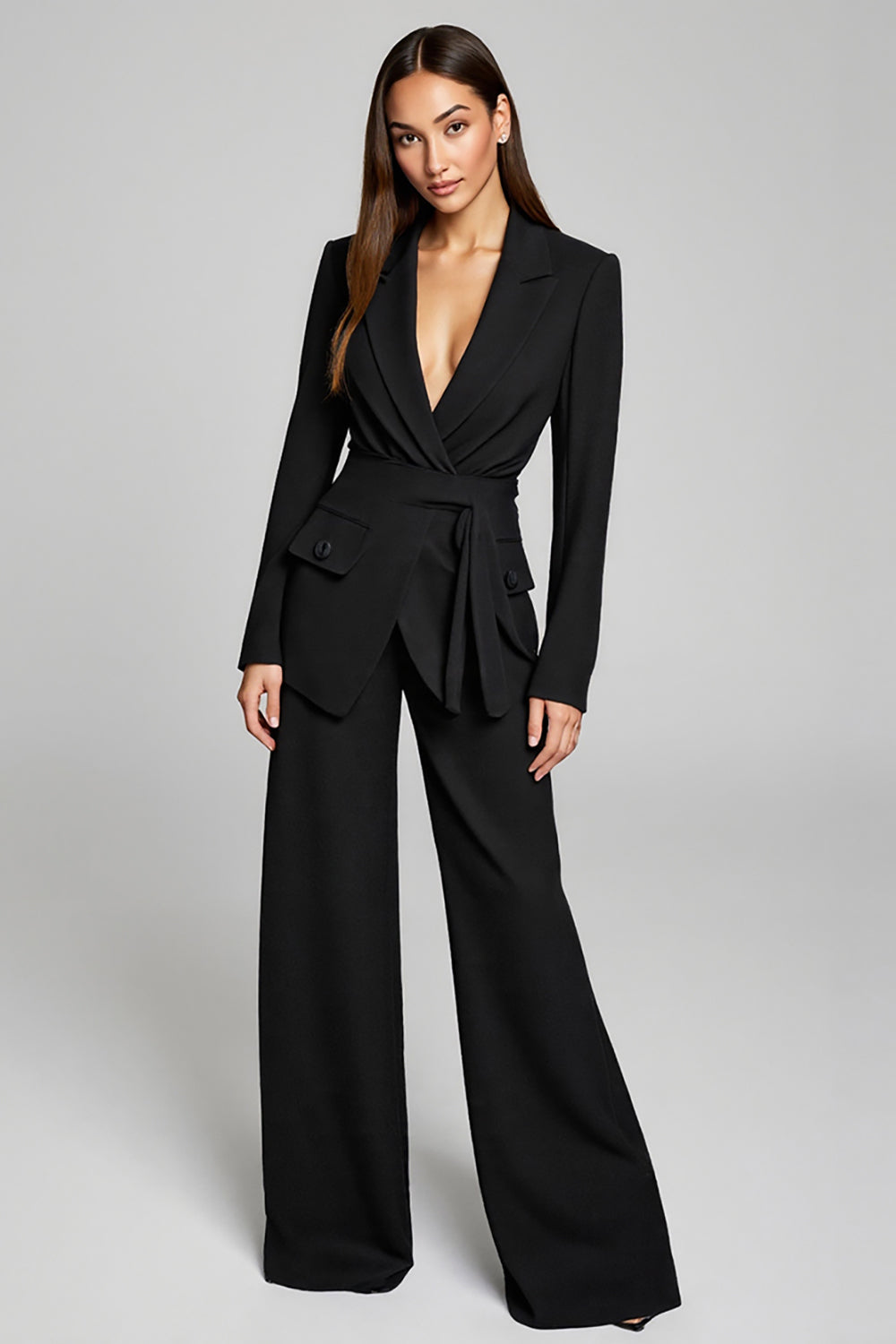 Black Peak Lapel 2 Piece Long Sleeves Business Suits with Sash
