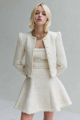 White 2 Piece Tweed Homecoming Outfits with Sleeves