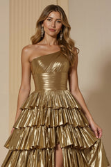 Sparkly Golden Metallic One Shoulder Ruffled Long Prom Dress with Slit