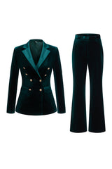 2 Piece Dark Green Velvet Double Breasted Women Prom Suits with Sleeves