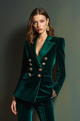 2 Piece Dark Green Velvet Double Breasted Women Prom Suits with Sleeves