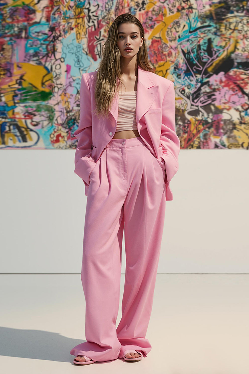 Pink Peak Lapel Satin 2 Piece Women Prom Suits with Pockets