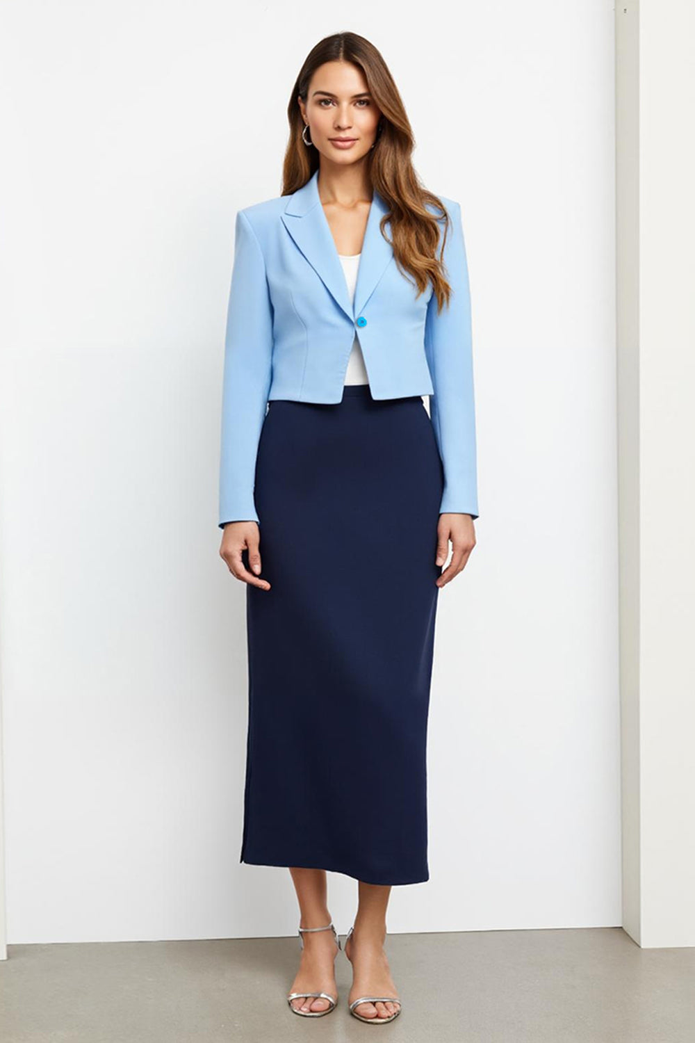 Navy Blue 2 Piece Notched Lapel Pencil Business Suits