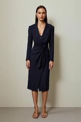 Navy Pencil Notched Lapel Ruched Midi Blazer Dress