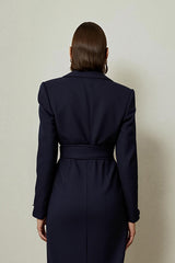 Navy Pencil Notched Lapel Ruched Midi Blazer Dress