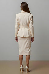 Ivory 2 Piece Notched Lapel Pencil Midi Business Suits with Sash