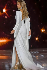 Sparkly White Mermaid Long Sleeves Pageant Dress with Slit