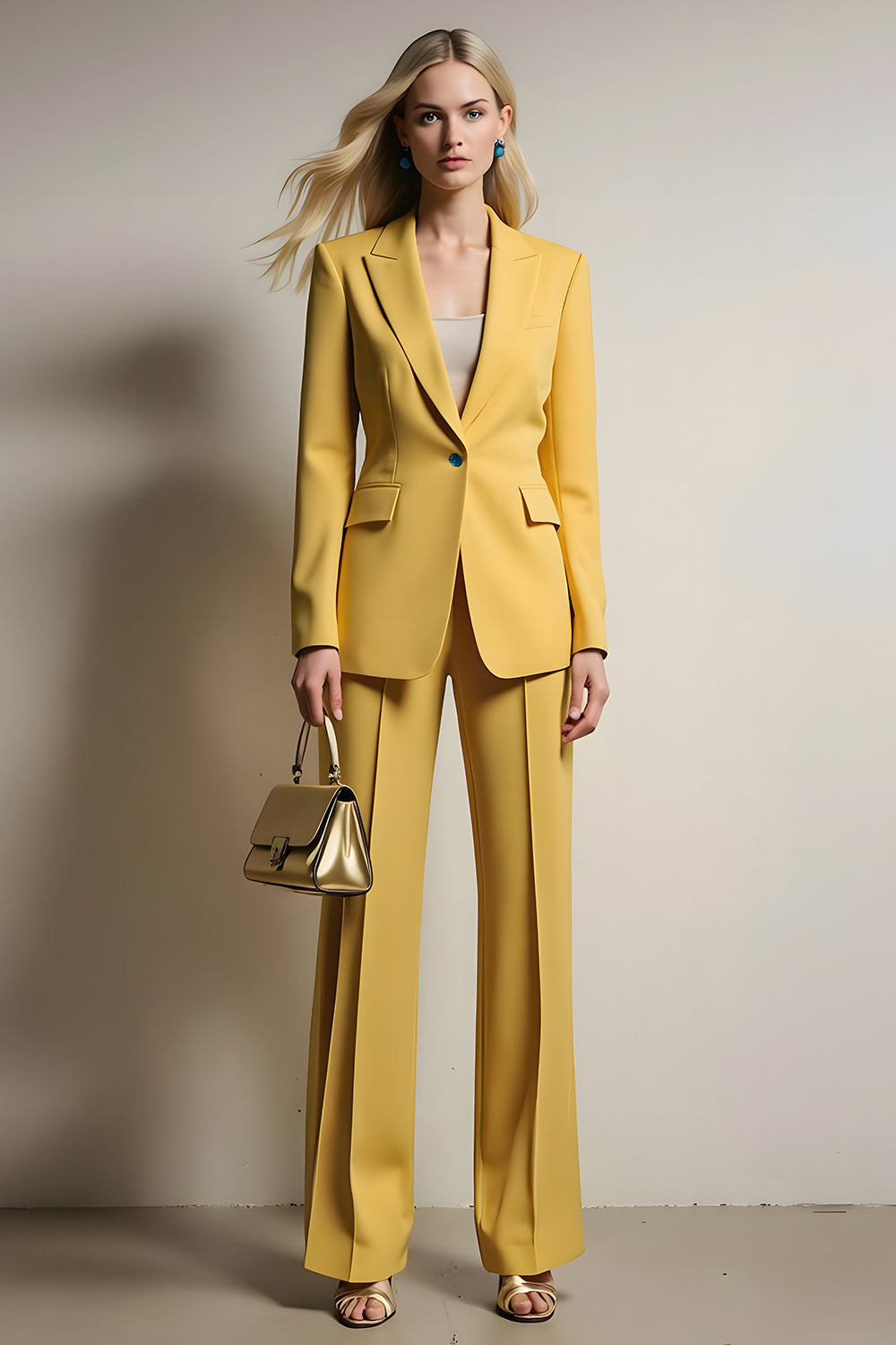 Yellow One Button 2 Piece Notched Lapel Business Suits with Sleeves
