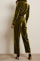 Green Velvet Peak Lapel Long Sleeves Prom Jumpsuits with Pockets