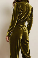 Green Velvet Peak Lapel Long Sleeves Prom Jumpsuits with Pockets
