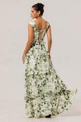 Green Floral Corset Satin Long Wedding Guest Dress with Ruffles