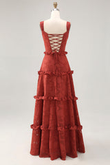 Terracotta Lace Corset Long Wedding Guest Dress with Ruffles