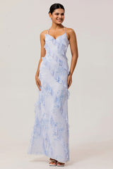 Blue Floral Chiffon Spaghetti Straps Long Wedding Guest Dress with Ruffles