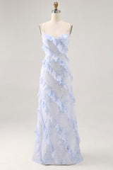 Blue Floral Chiffon Spaghetti Straps Long Wedding Guest Dress with Ruffles