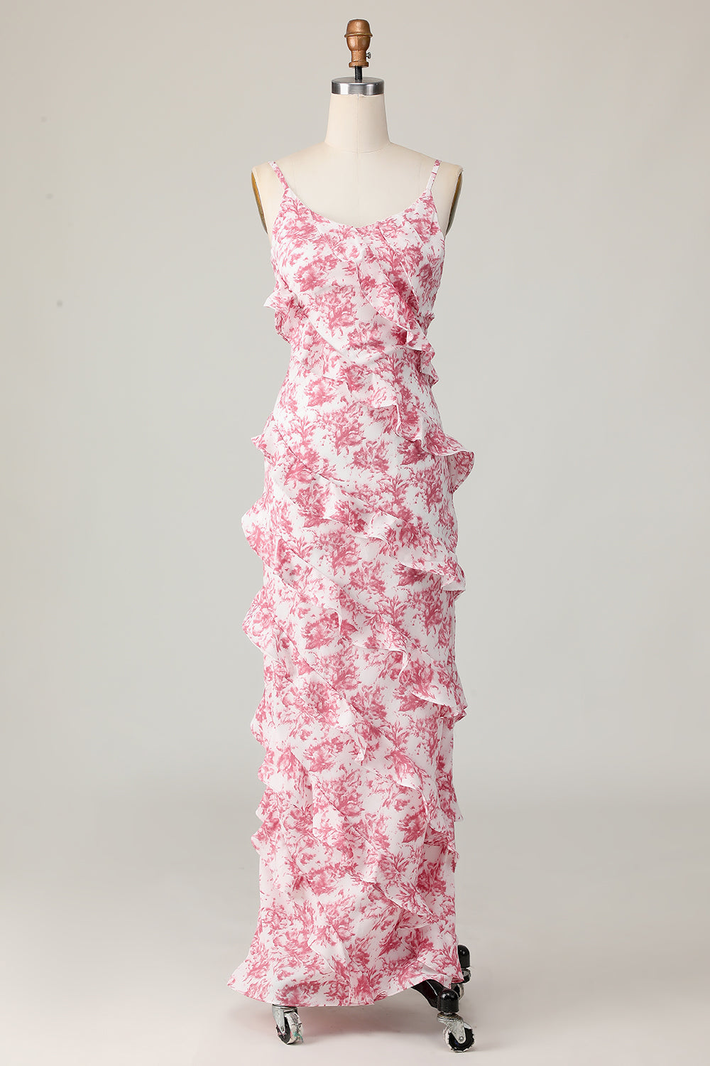 Blush Flower Sheath Ruffled Long Wedding Guest Dress with Slit