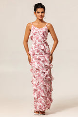 Blush Flower Sheath Ruffled Long Wedding Guest Dress with Slit