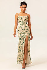 Champagne Floral Mermaid Long Ruched Wedding Guest Dress with Slit