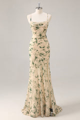 Champagne Floral Mermaid Long Ruched Wedding Guest Dress with Slit