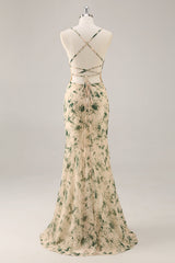 Champagne Floral Mermaid Long Ruched Wedding Guest Dress with Slit