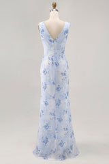 Blue Floral Mermaid Chiffon Long Wedding Guest Dress