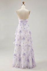 Lavender Floral Strapless Pleated Long Bridesmaid Dress with Ruffles